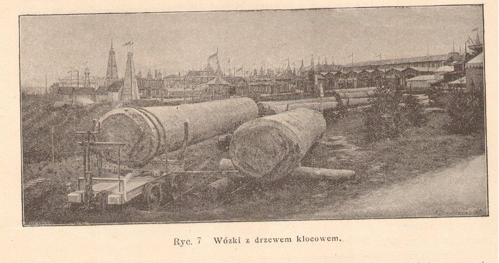 Wózki z kłodami drewna na wystawie krajowej we Lwowie 1894. Arch. RDLP